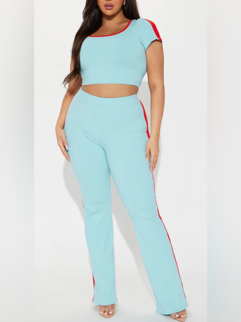 Light Blue Ribbed Side-Stripe High-Waist Pants Set